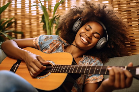 musical woman guitar young beauty teenager teen lifestyle attractive home portrait. Generative AI.の素材