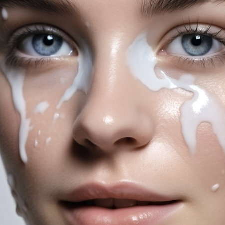 brunette woman face portrait clean facial skin close care mask beauty skin up. Generative AI.の素材