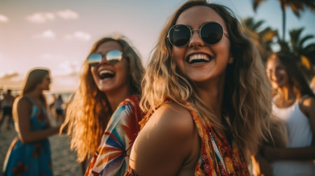 friends sunglasses joy young summer happy lifestyle friendship fun beauty. Generative AI.の素材