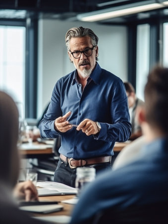 brainstorming man business office businessmen teamwork corporate manager group person meeting. Generative AI.の素材