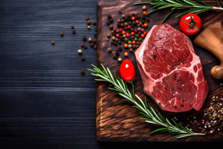 background red dark fried raw beef meat grill steak food ingredient. Generative AI.の素材