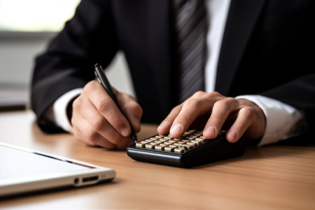 man businessman calculator business computer caucasian manager writing confidence office sitting. Generative AI.の素材