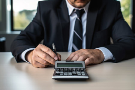 office man computer businessman indoor writing business sitting caucasian calculator manager. Generative AI.の素材