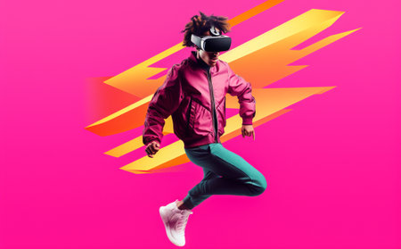 blue man vr technology pink digital jump modern reality innovation virtual. Generative AI.の素材