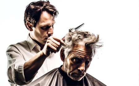 man caucasian background barber studio hair haircut hairdresser comb white hairstyle surprised. Generative AI.の素材