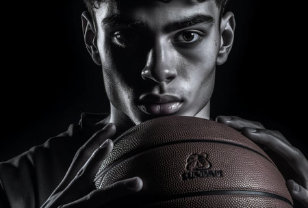 athlete man sports ball person player holding professional competitive basketball black. Generative AI.の素材