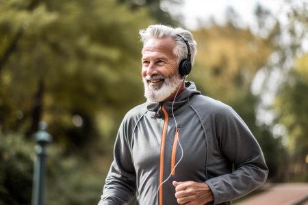 earphones exercising old outdoors fitness motion men run lifestyle caucasian sport. Generative AI.の素材