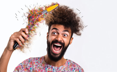 comb man barber hairdresser hair white background studio surprised young hairstyle caucasian. Generative AI.の素材