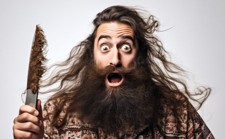 man hairdressing hairstyle hair hairdresser background white surprised barber comb studio caucasian. Generative AI.の素材