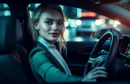woman auto caucasian car beauty person happy transportation vehicle driver business. Generative AI.の素材