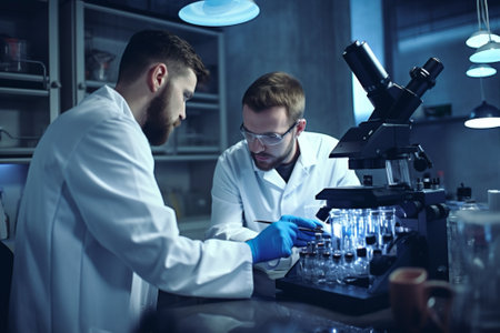 man woman chemistry research microscope expertise experiment lab laboratory sample biology science. Generative AI.の素材
