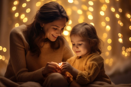 lights new holiday kid family year present gift christmas caucasian. Generative AI.の素材