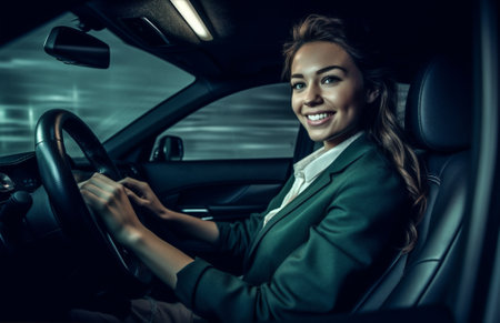 driver woman happy car caucasian beauty business transportation white auto vehicle. Generative AI.の素材