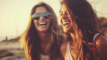 happy woman fun happiness summer couple hug smiling young adult holiday. Generative AI.の素材