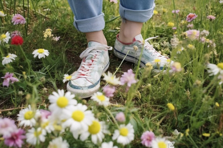 woman white sneakers grass green fashion flowers spring female lifestyle concept. Generative AI.の素材