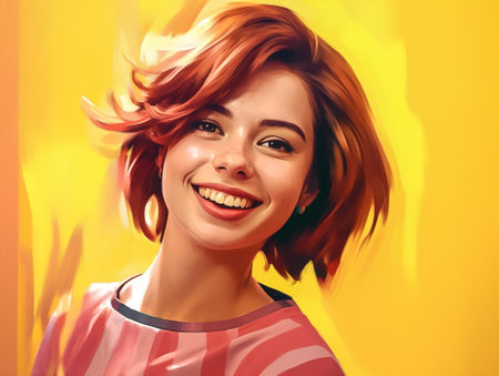 woman yellow american pink model beauty trendy portrait smile hair young. Generative AI.の素材