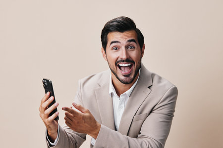 phone man call portrait holding happy smartphone suit smile business holdの写真素材