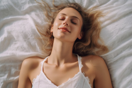 pillow woman beauty happy attractive relaxation sleep bed morning fresh young. Generative AI.の素材