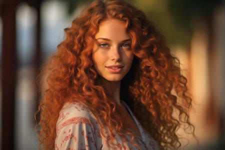 woman freckles smile face young summer portrait beauty red hair happy. Generative AI.の素材