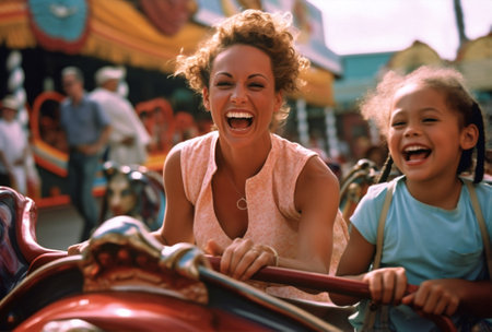 family children roller rides park happy fun coaster laughter girl outdoors. Generative AI.の素材