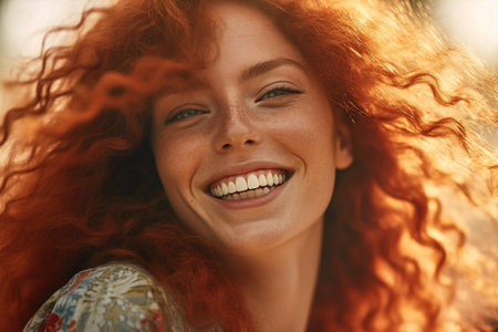 face woman hair happy red freckles smile portrait beauty young american. Generative AI.の素材