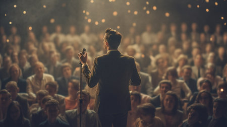 politician man person speaker audience event speech conference entertainment stage group women. Generative AI.の素材