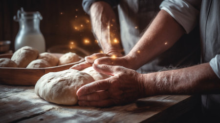 dough kitchen chef knead flour hands pastry food baker cook. Generative AI.の素材