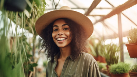 hat woman beauty trendy attractive african tropical female greenhouse curly american lifestyle. Generative AI.の素材