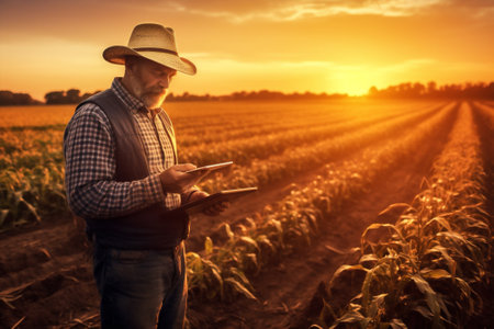 man farmer crop wheat rural technology farming nature agricultural tablet field. Generative AI.の素材