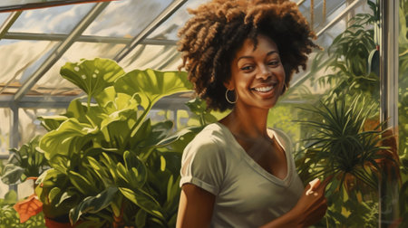 hat woman lifestyle tropical attractive american trendy curly beauty greenhouse african vacation. Generative AI.の素材