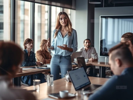 discussion office teamwork business professional group businesswoman manager colleague meeting. Generative AI.の素材