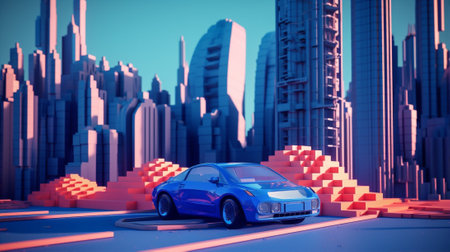 cartoon car building isometric architecture illustration house town city street. Generative AI.の素材