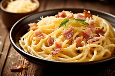 pasta sauce spaghetti meat bacon food meal carbonara cheese italian. Generative AI.の素材