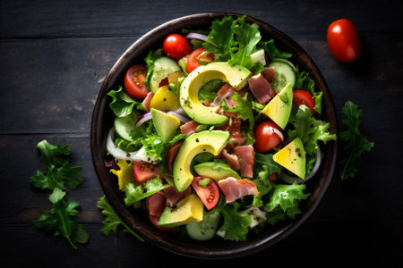 vegetarian nutrition salad fresh vegetable dark food diet background healthy green. Generative AI.の素材