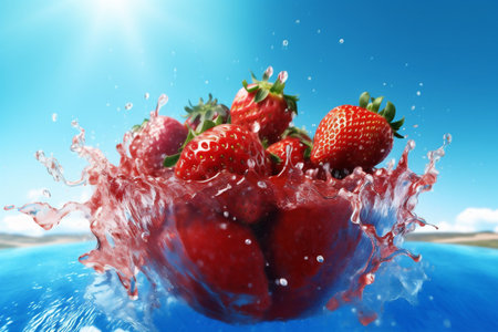 fresh food water splash blue freshness strawberry healthy fruit red background. Generative AI.の素材