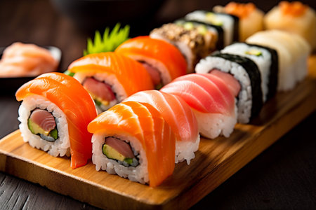 japan set japanese rice meal seafood sushi fish food roll. Generative AI.の素材