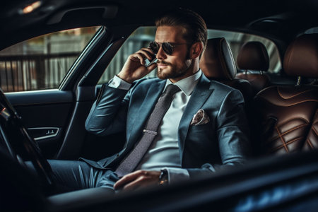 phone adult transportation businessman young men driving car business inside handsome. Generative AI.の素材