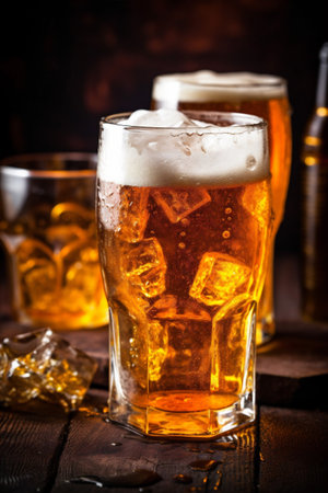 beverage beer lager drink glass foam gold pub alcohol pint. Generative AI.の素材