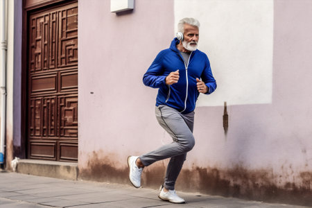 earphones fitness sport lifestyle green exercising caucasian men run outdoors old. Generative AI.の素材