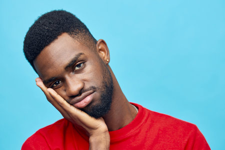 man posing portrait american blue expression african background red guy black fashion americanの写真素材