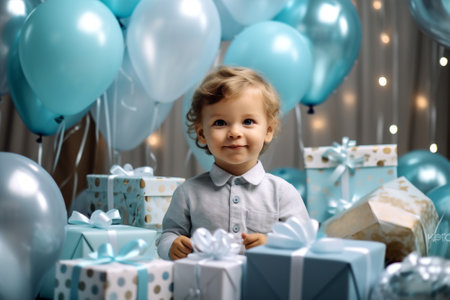 blue kid children party boy birthday little balloon cute childhood. Generative AI.の素材