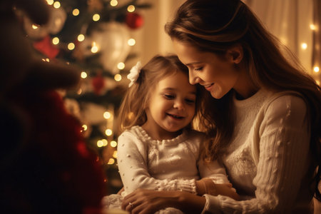 caucasian lights year gift kid christmas holiday new family present. Generative AI.の素材