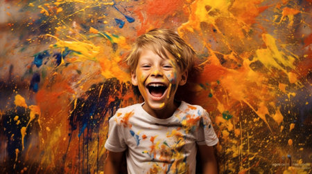 fun paint joy art happiness cheerful portrait face children childhood. Generative AI.の素材