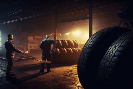 man transportation auto inspection tire race vehicle car automobile garage mechanic. Generative AI.の素材