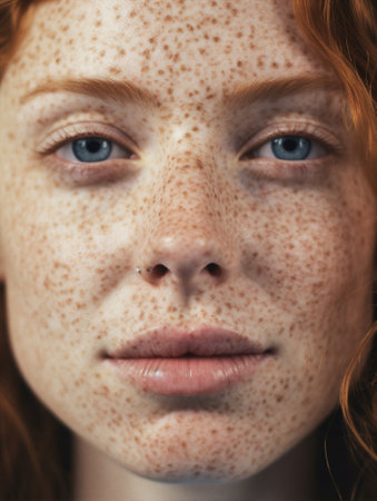 white woman face closeup beauty young freckles portrait skin studio model. Generative AI.の素材