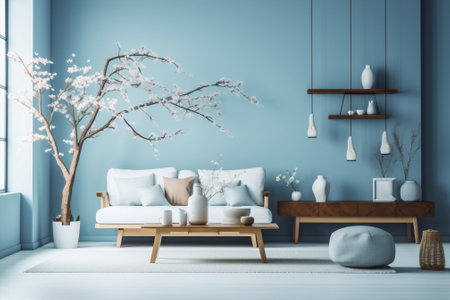 furniture interior sofa design simple wall apartment room blue modern home. Generative AI.の素材