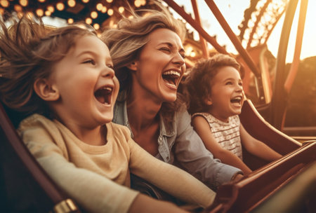 outdoors family roller laughter rides park girl coaster happy children fun. Generative AI.の素材