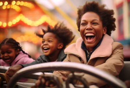 happy family children park rides roller outdoors girl fun coaster laughter. Generative AI.の素材