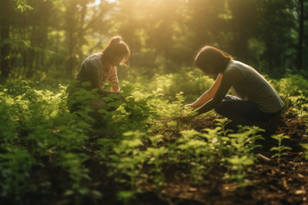 garden planting girls young green summer kids family sunlight nature. Generative AI.の素材