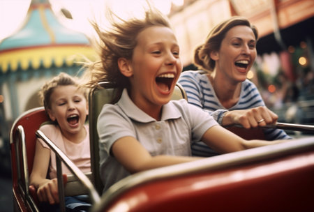 rides happy family park fun girl coaster laughter roller children outdoors. Generative AI.の素材